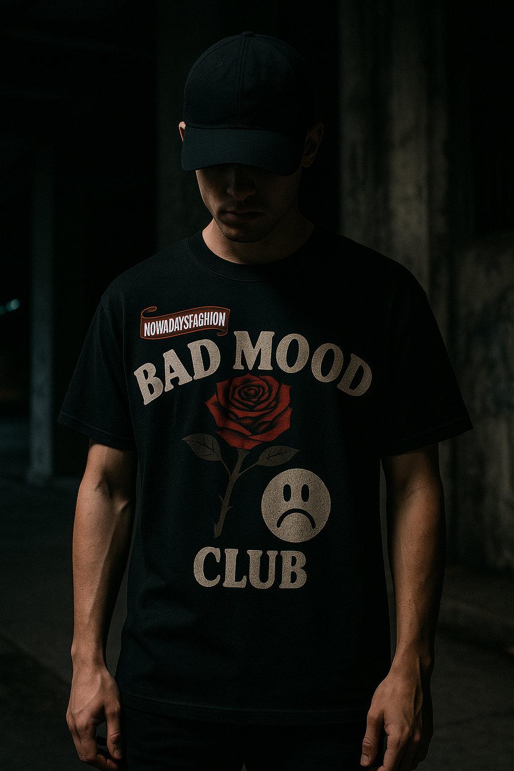 Unisex BAD MOOD CLUB Graphic T-Shirt – Sad Face & Rose Dark Streetwear Tee
