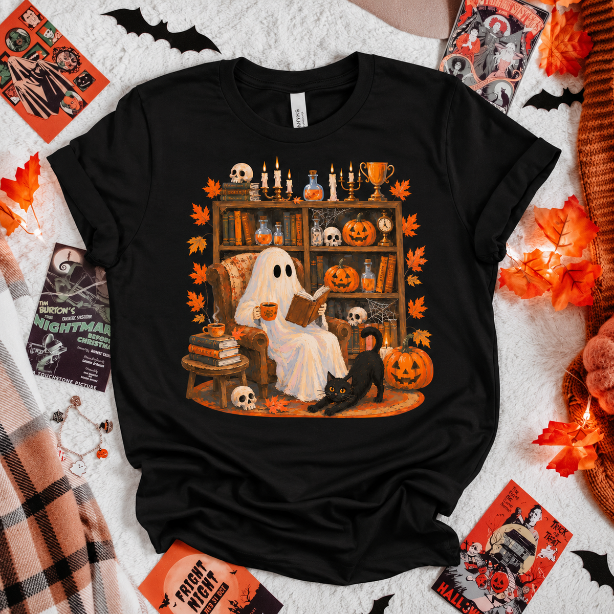 Cozy Ghost Reading Tee | Cute Book Lover Halloween Graphic T-Shirt