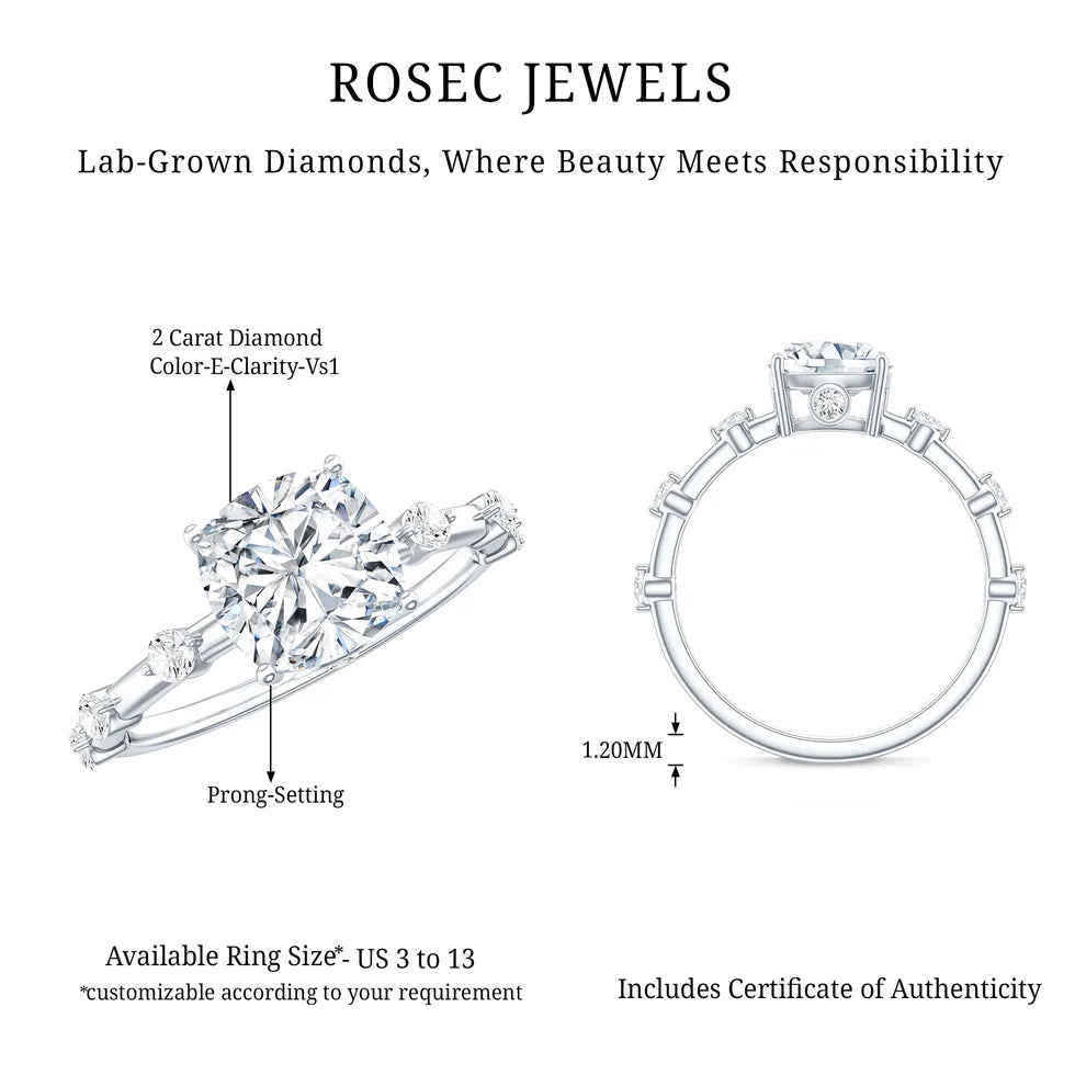 Cushion Cut 2 Carat Lab Grown Diamond Solitaire Engagement Ring with IGI Certificate