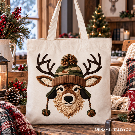 Deer Head Camo Hat Christmas Tote Bag, Imitation Latch Hook Yarn Cozy Hunting Season Gift Shopper