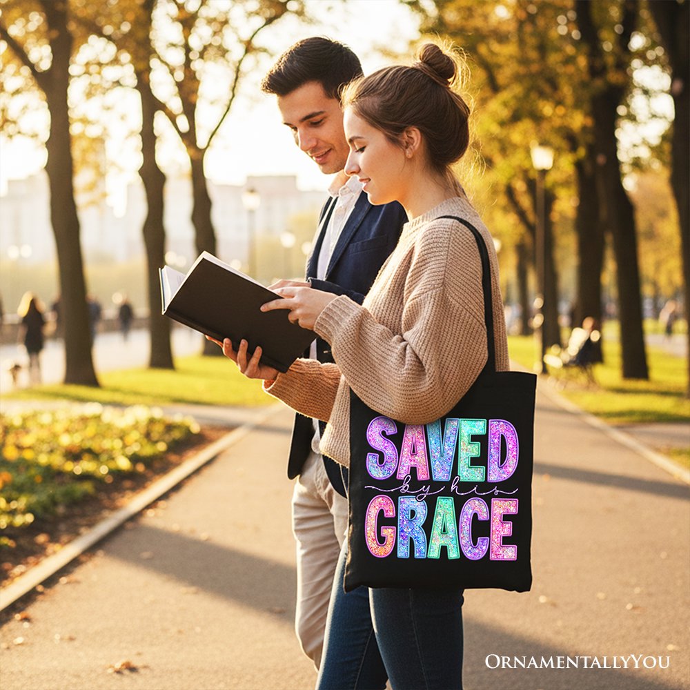 Saved By His Grace Printed Faux Sequin Christian Tote Bag, Religious Love Gift Shopper