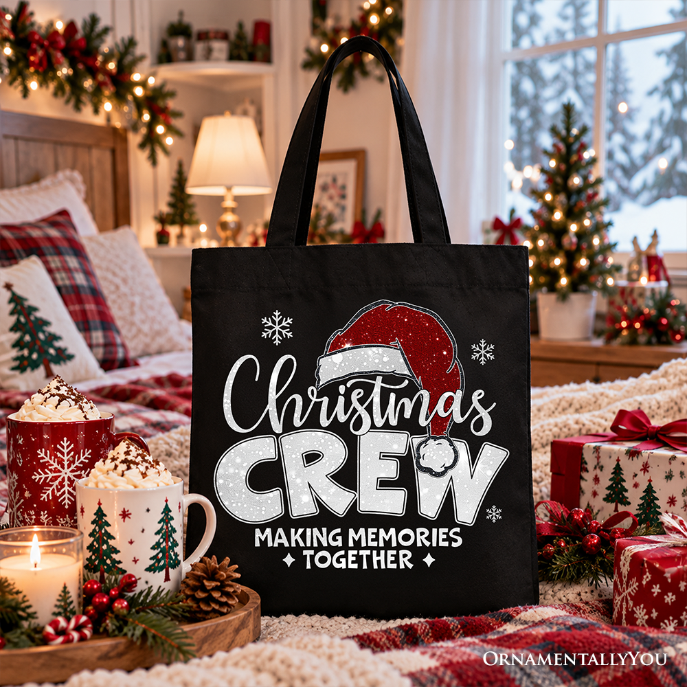 Christmas Crew Tote Bag, Glitter Santa Hat Gift Shopper for Making Memories