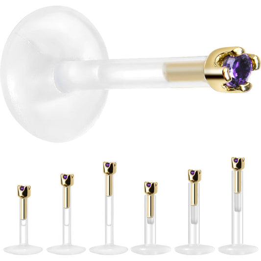 Solid 14K Yellow Gold February 1.5mm CZ Bioplast Push in Labret Monroe