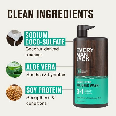 Every Man Jack Sea Salt Citrus Men's 3 in 1 All Over Wash 28.8 fl oz - Imperfect Container
