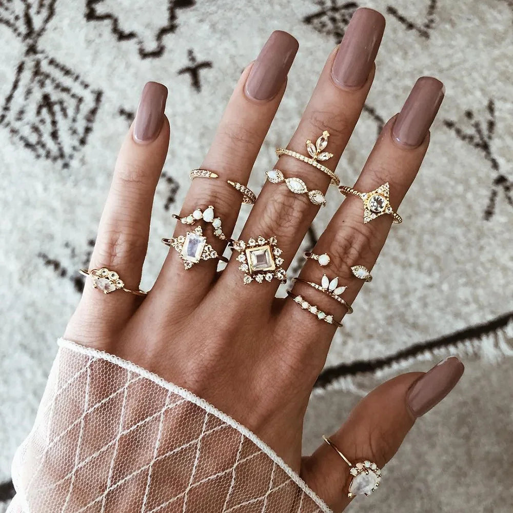 Fashion Geometric Knuckle Rings set For Women Crystal Gold color Finger Ring Boho Ladies wedding Jewelry Gift