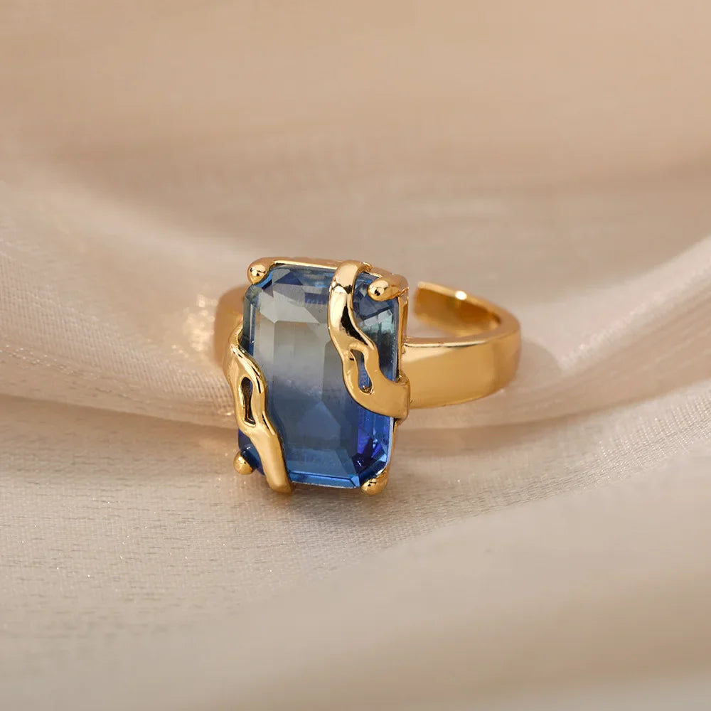 Cubic Zircon Blue Square Stone Rings For Women Stainless Steel Square Stone Finger Ring Party Aesthetic Valentine Jewelry Gift