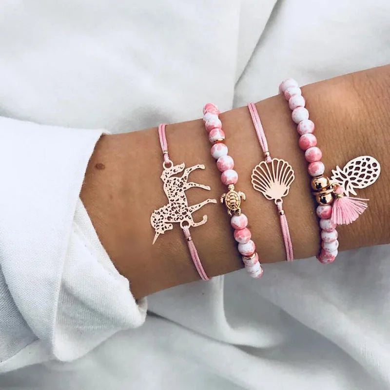 Boho Bangle For women Turtle Elephant Heart Shell Star Moon Bow Arrow Map Crystal Charm Bead Bracelet Set Bohemian Jewelry