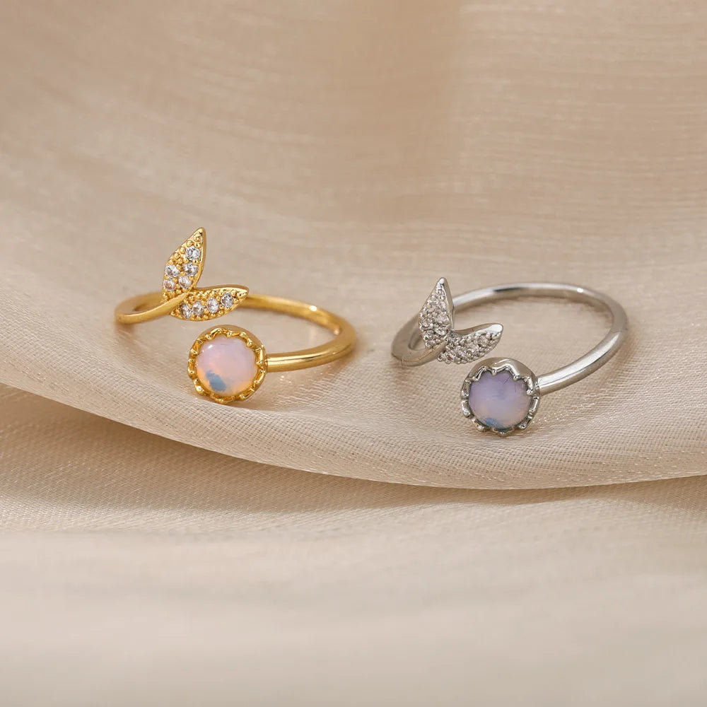Fashion Leaves Opal Rings For Women Stainless Steel Opal Crystal Stone Leaves Finger Ring Engagement Bohemian Jewelry Gift
