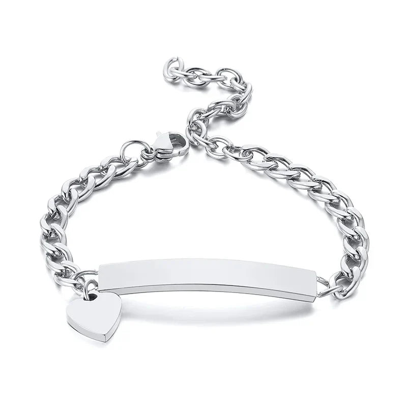 Persoanlized Custom Name Heart Bracelet,Stainless Steel Figaro Chain Link Adjustable,Engraved Gift for Boy Girl
