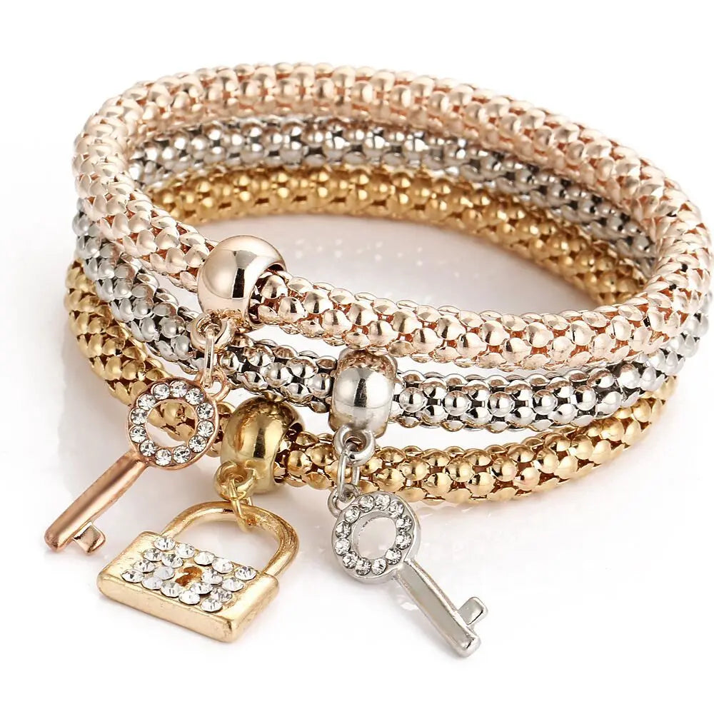 3colors/Lot Elastic Bracelets & Bangle For Women Crystal Tree of Life Owl Key lock Music Note Owl Butterfly Heart Charm Jewelry