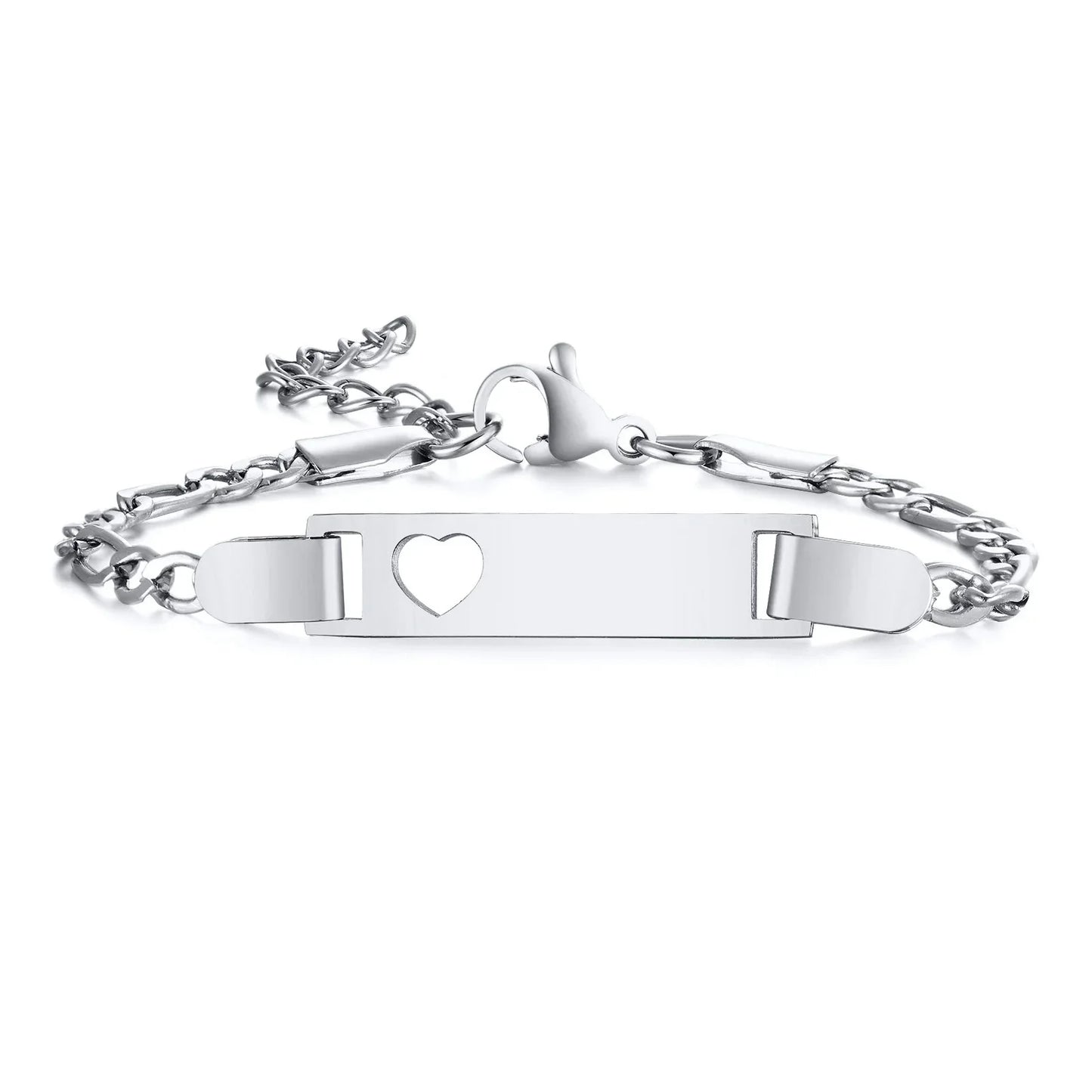 Persoanlized Custom Name Heart Bracelet,Stainless Steel Figaro Chain Link Adjustable,Engraved Gift for Boy Girl