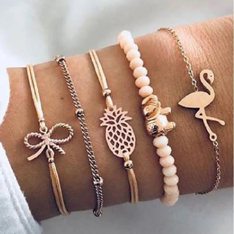 Boho Bangle For women Turtle Elephant Heart Shell Star Moon Bow Arrow Map Crystal Charm Bead Bracelet Set Bohemian Jewelry