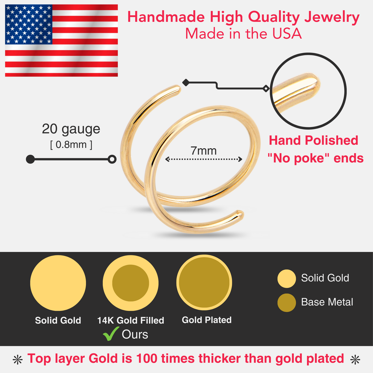 3Pack Double Hoop Nose 14k Gold Filled and 925 Silver Spiral Nose Rings 20G 8mm Left
