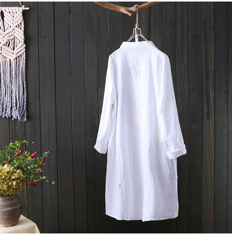 Cotton Shirt Long Sleeve Embroidery Blouse Stand Collar Loose Long Top Office Lady Casual Wear