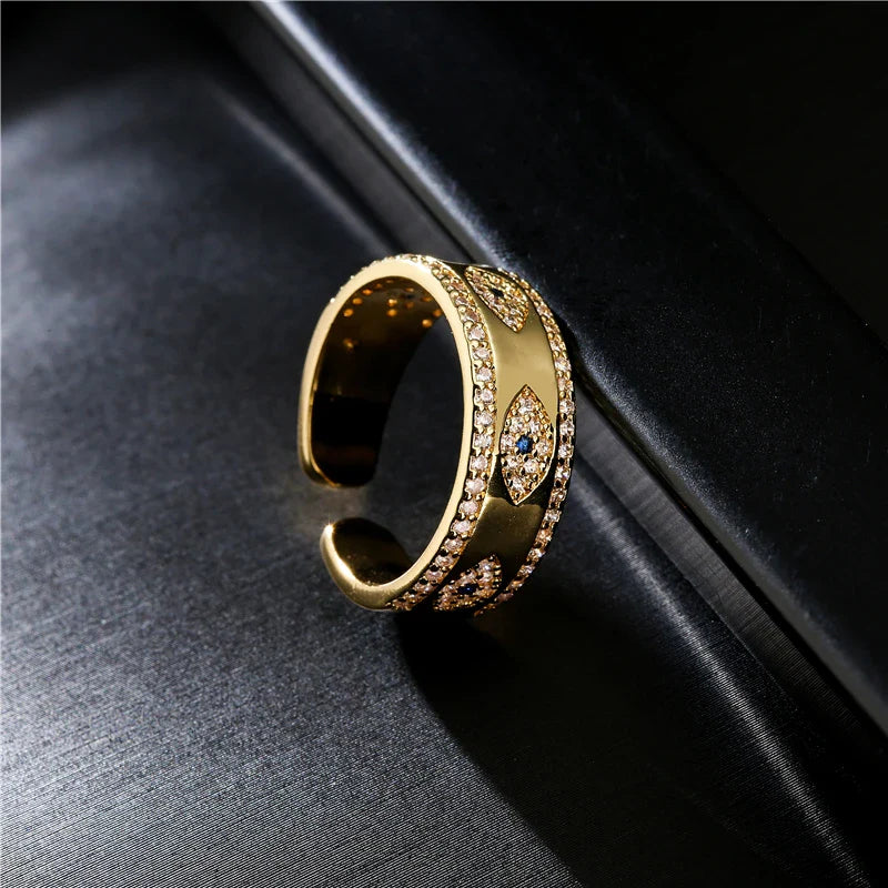 NEWBUY 2024 Fashion Gold Color Copper Wedding Jewelry AAA CZ Evil Eye Design Open Ring For Women Girl Engagement Gift