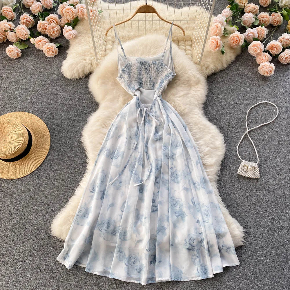 Floral Spaghetti Strap Dress Elastic Ruched Sexy Hollow Backless Party Dress