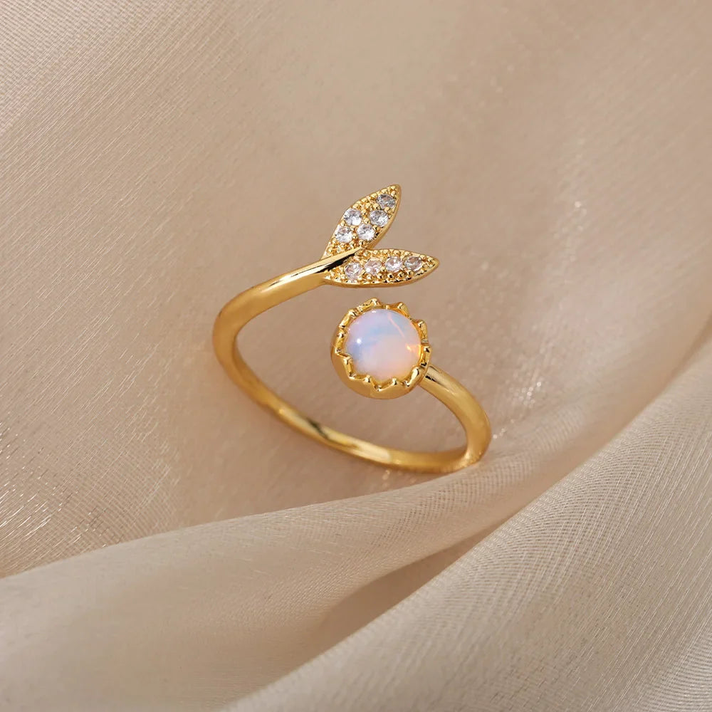 Fashion Leaves Opal Rings For Women Stainless Steel Opal Crystal Stone Leaves Finger Ring Engagement Bohemian Jewelry Gift
