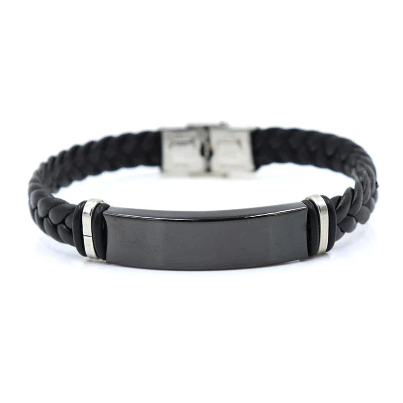 Custom logo Name Engrave Leather Bracelet Black Color customize Stainless Steel Bracelets For Women Men ID Bracelet