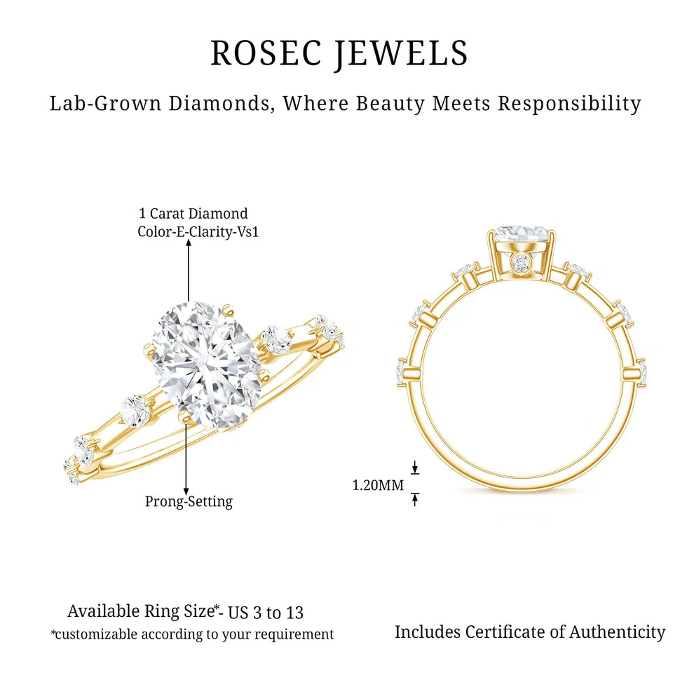 IGI Certified 1 Carat Oval Lab Grown Diamond Engagement Ring with Spaced Accent