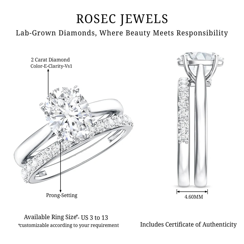 IGI Certified 2 Carat Oval Lab Grown Diamond Bridal Ring Set of 2