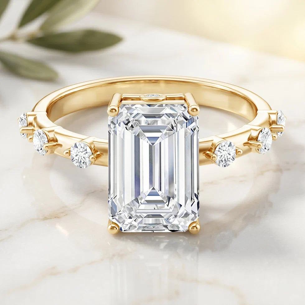 IGI Certified 4 Carat Lab Grown Emerald Cut Diamond Engagement Ring with Spaced Accent