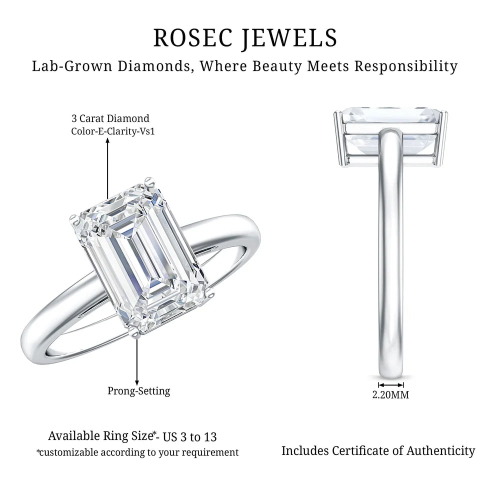 IGI Certified Emerald Cut Lab Grown Diamond 3 Carat Engagement Ring