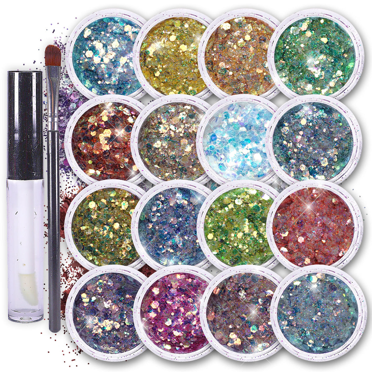 Fairy Tears Chunky Holographic Body Glitter I 16 Colors + Glitter Glue for Face Glitter Makeup, Hair, Eye & Fine Glitter Eyeshadow - Perfect for Halloween, Resin, Tumblers, Craft, Cosmetic & Nail Art