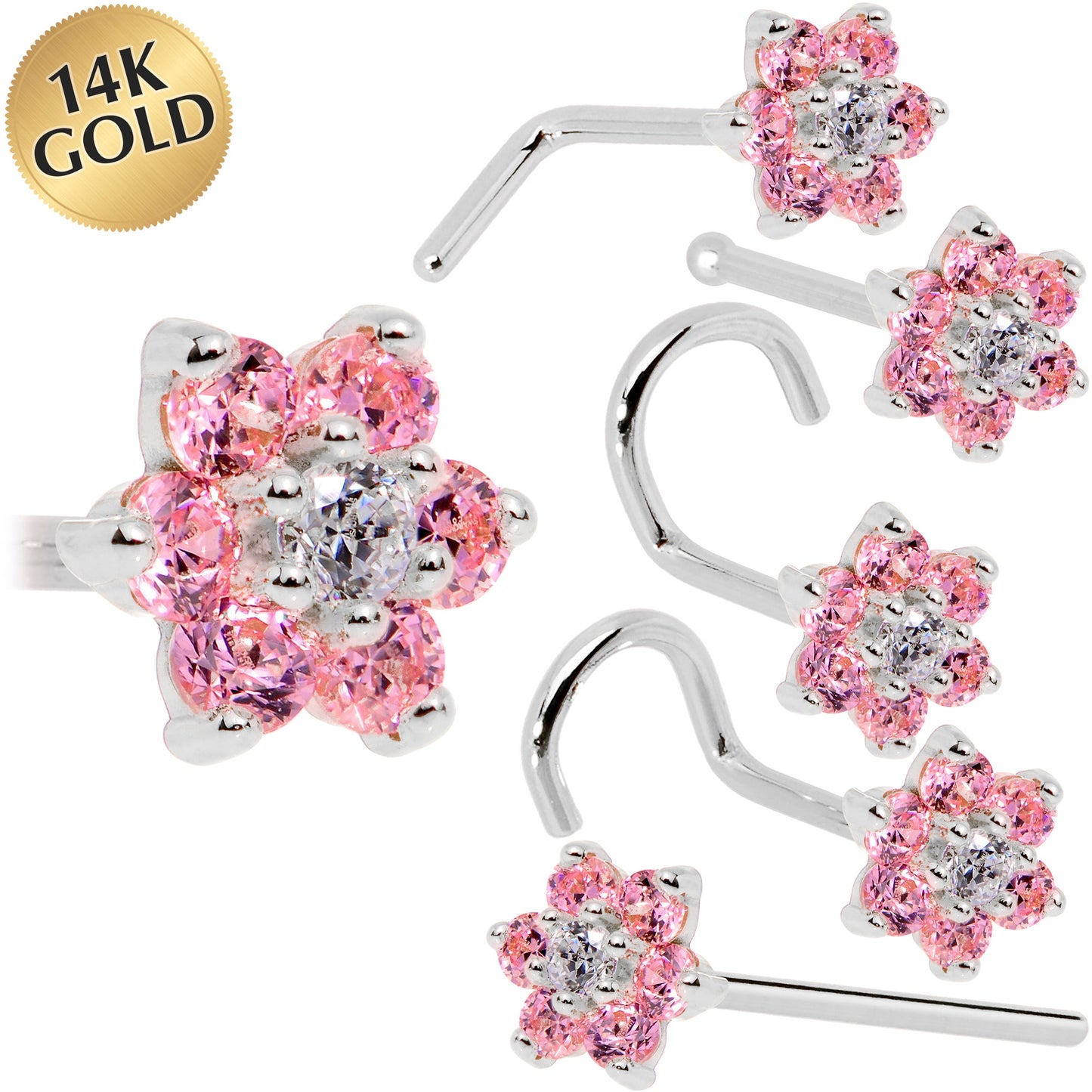 Solid 14K White Gold Pink and Clear Cubic Zirconia Flower Nose Ring