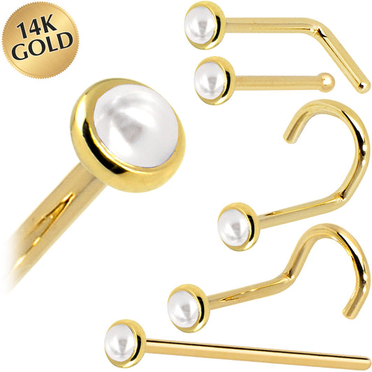 Solid 14K Yellow Gold 2mm Cultured Pearl Nose Ring