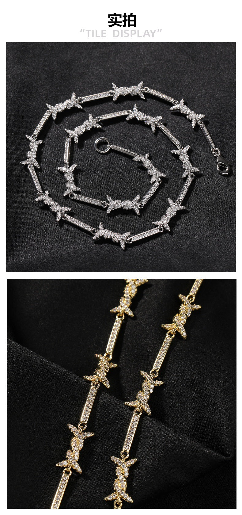 Hiphop zircon-encrusted barbed wire necklace