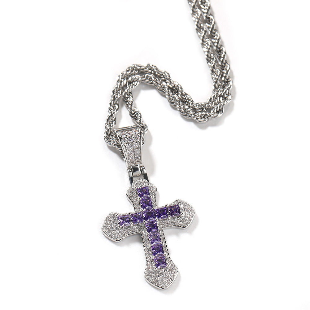 Blue Zircon Cross Hip-hop Necklace