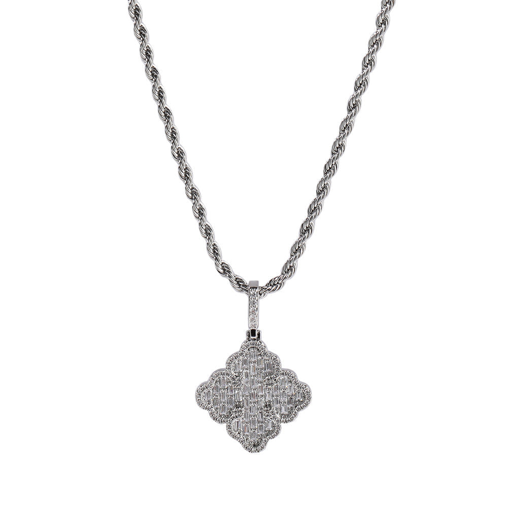 Full-diamond zircon four-leaf clover necklace