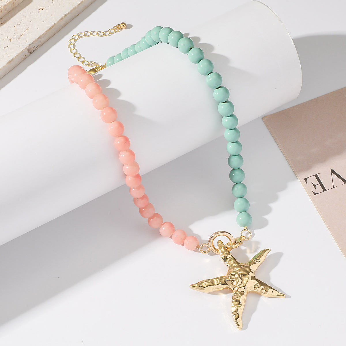 starfish necklace glass beaded red green necklace