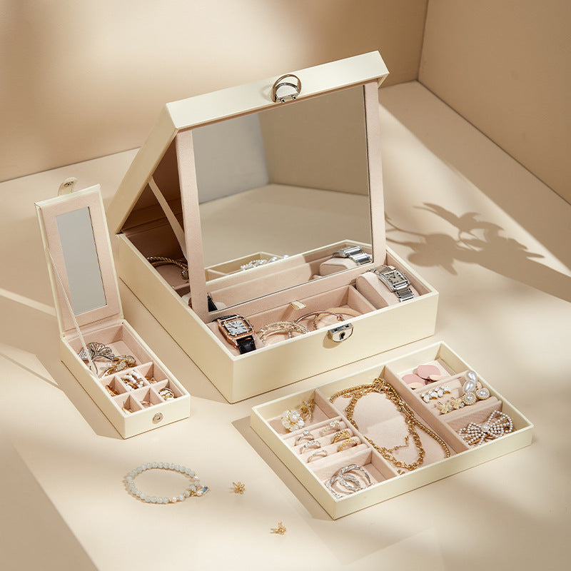 PU leather lockable mirror three-layer single-layer jewelry box