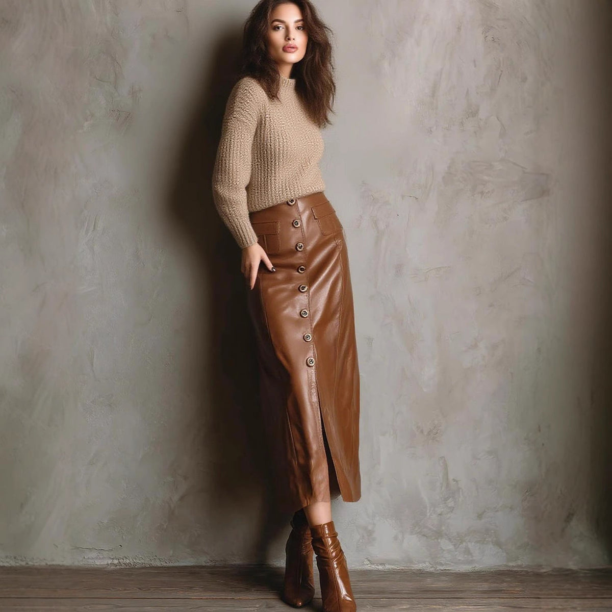 Autumn Winter Faux Leather Women Skirt Sexy Button Slit Slim Fitting High Waist Long Sheath Skirt