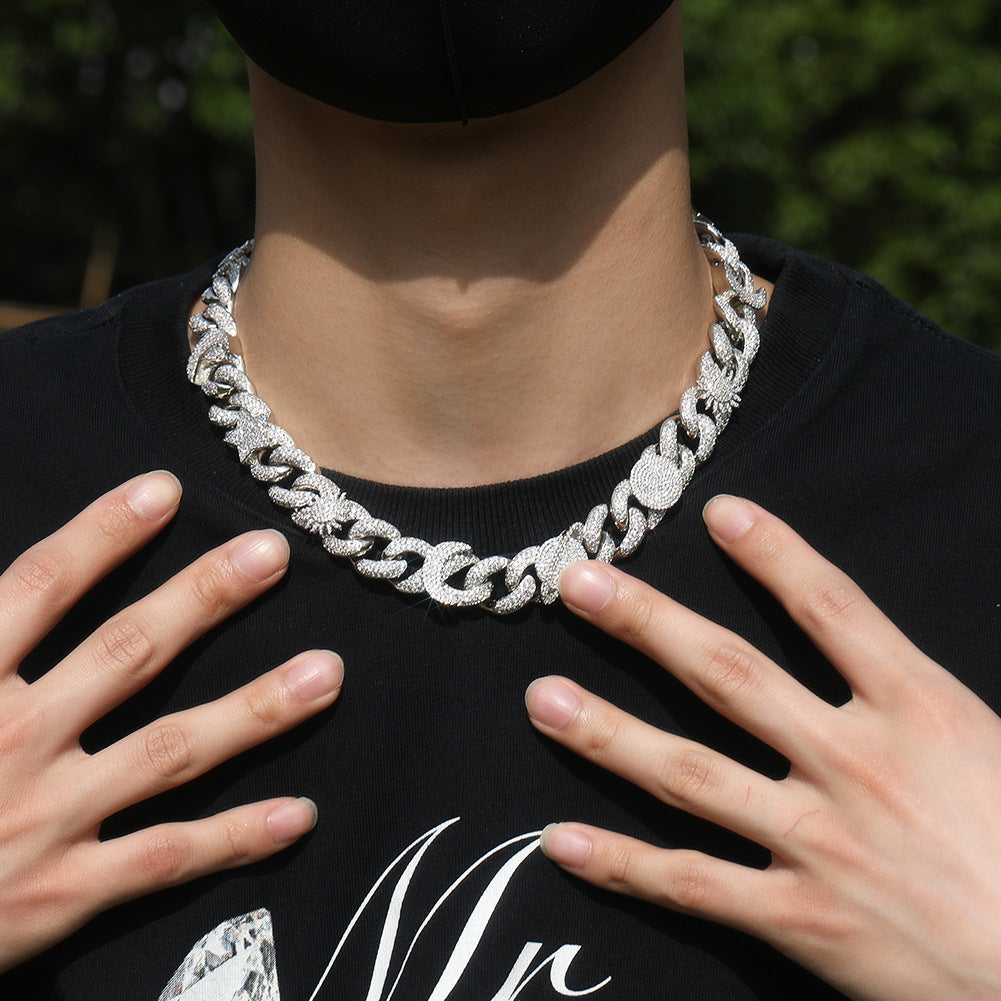 Hip-hop zircon-encrusted sun, star and eye necklace