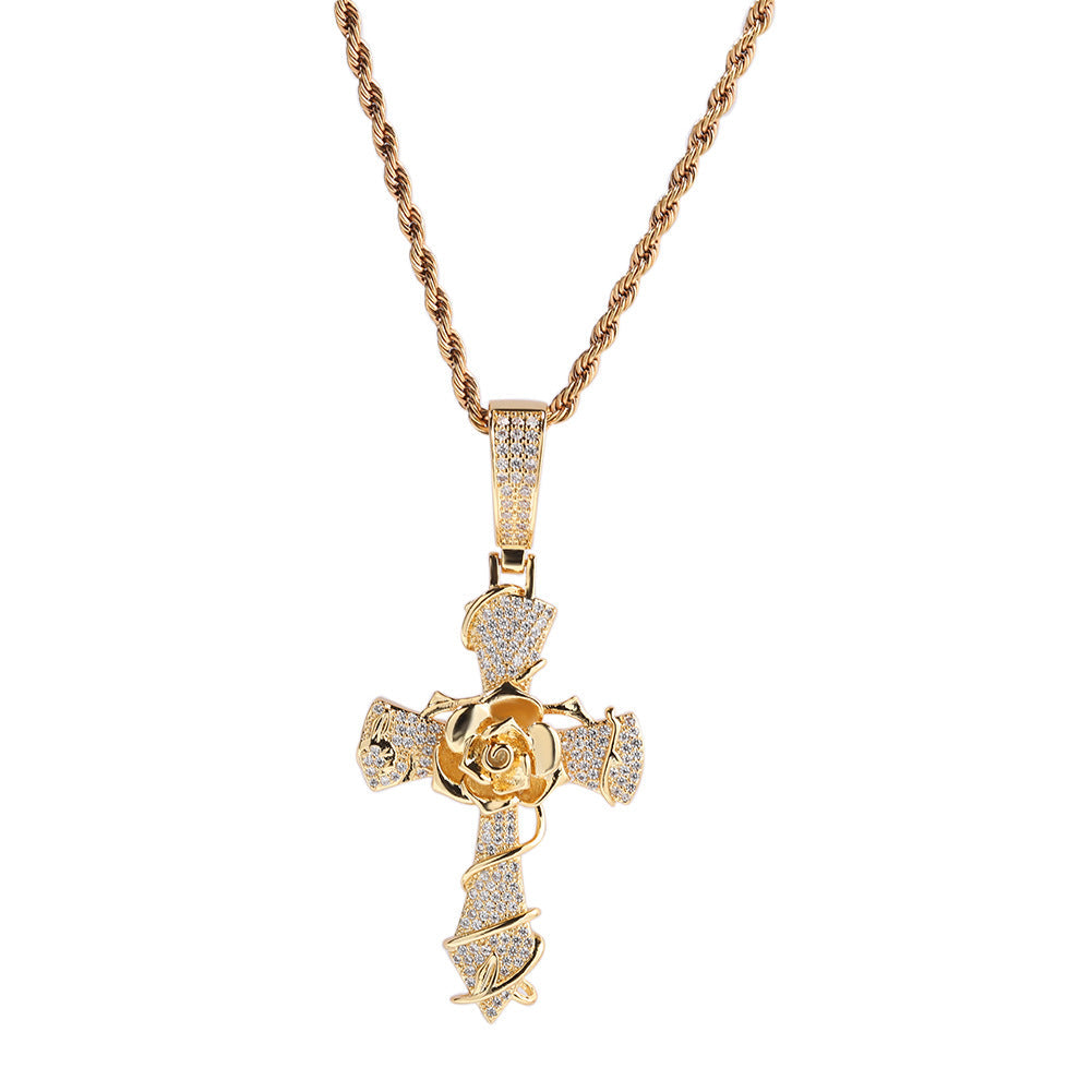 Hip-hop rose cross necklace with 5A zircon inlay