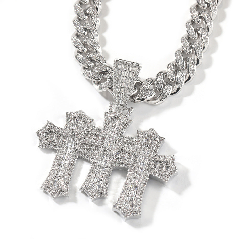 Hip-hop diamond-encrusted zircon three-cross Cuban necklace