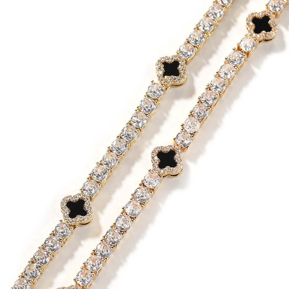 Hip-hop four-leaf clover diamond tennis chain necklace bracelet