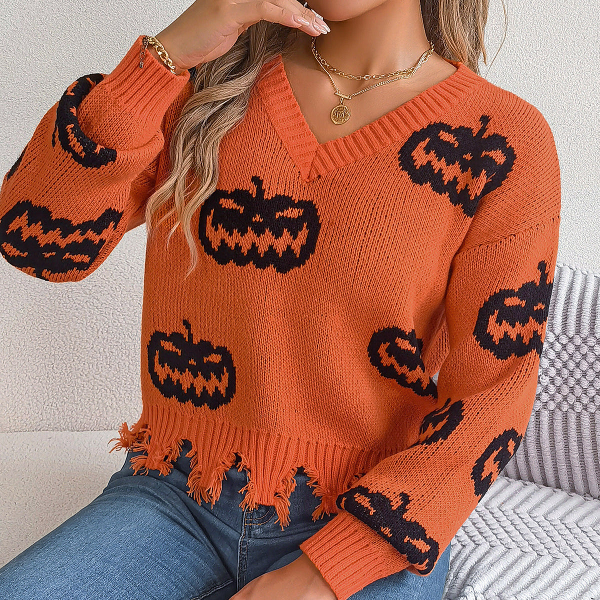Autumn Winter Halloween Contrast Color Pumpkin Cut Rotten Long Sleeve Pullover Women Clothing