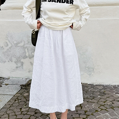 White Cotton Linen A line Skirt Loose High Waist Skirt Autumn Winter Long Skirt