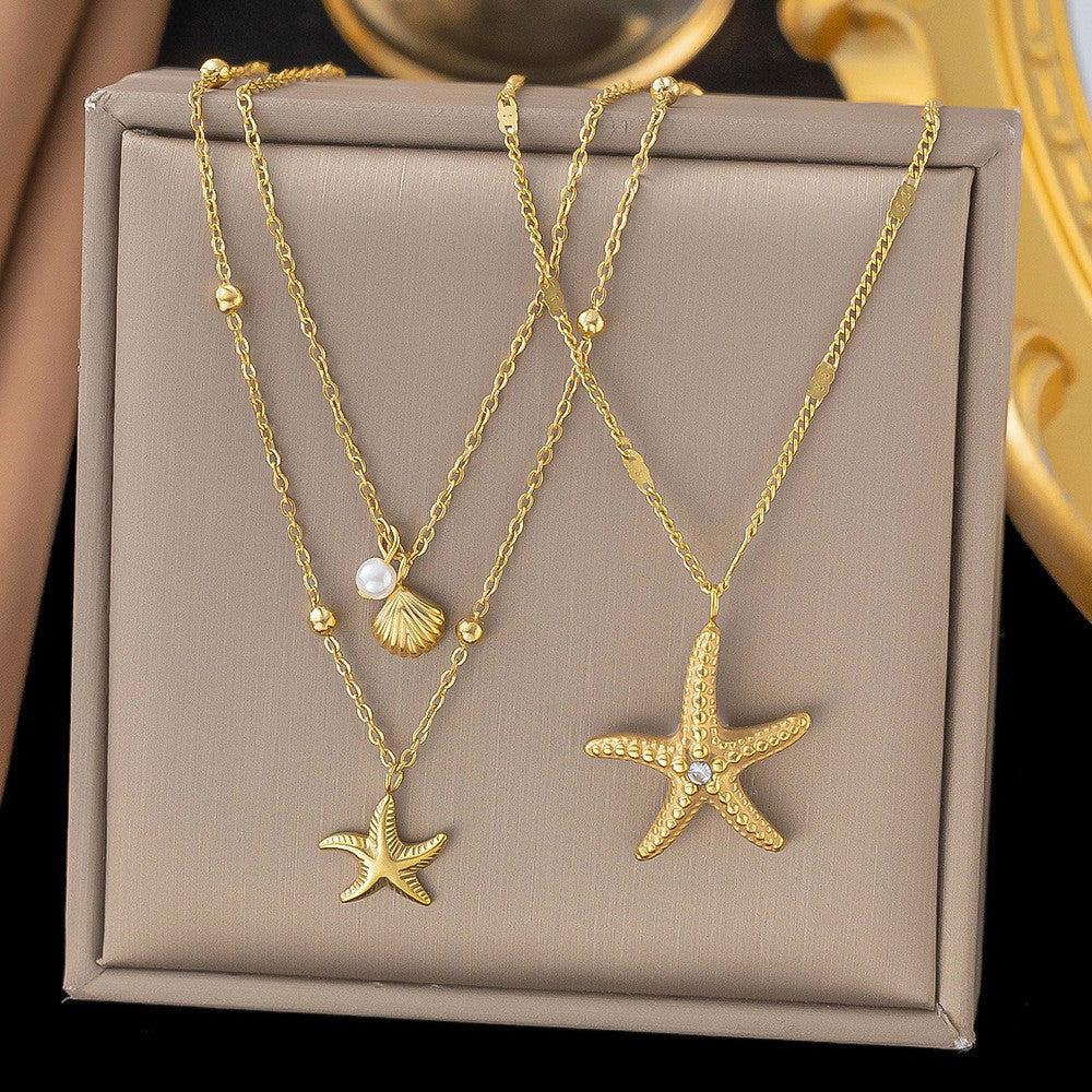 starfish shell necklace double-layer gold necklace