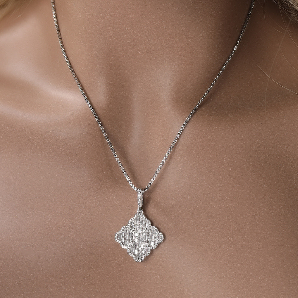Full-diamond zircon four-leaf clover necklace