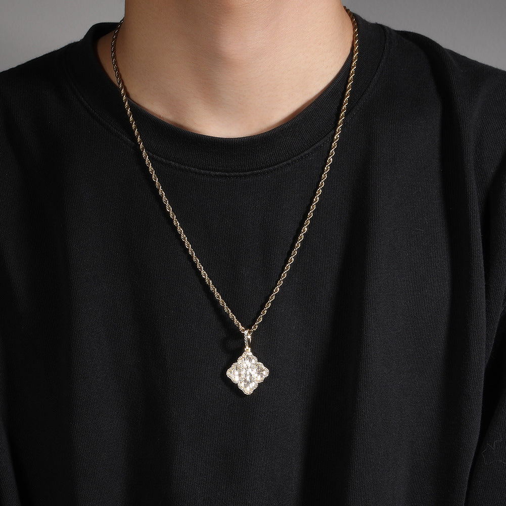 Full-diamond zircon four-leaf clover necklace