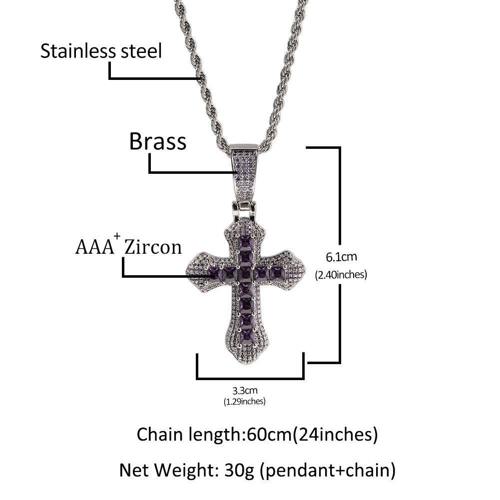 Hip-hop copper-inlaid purple zircon cross necklace