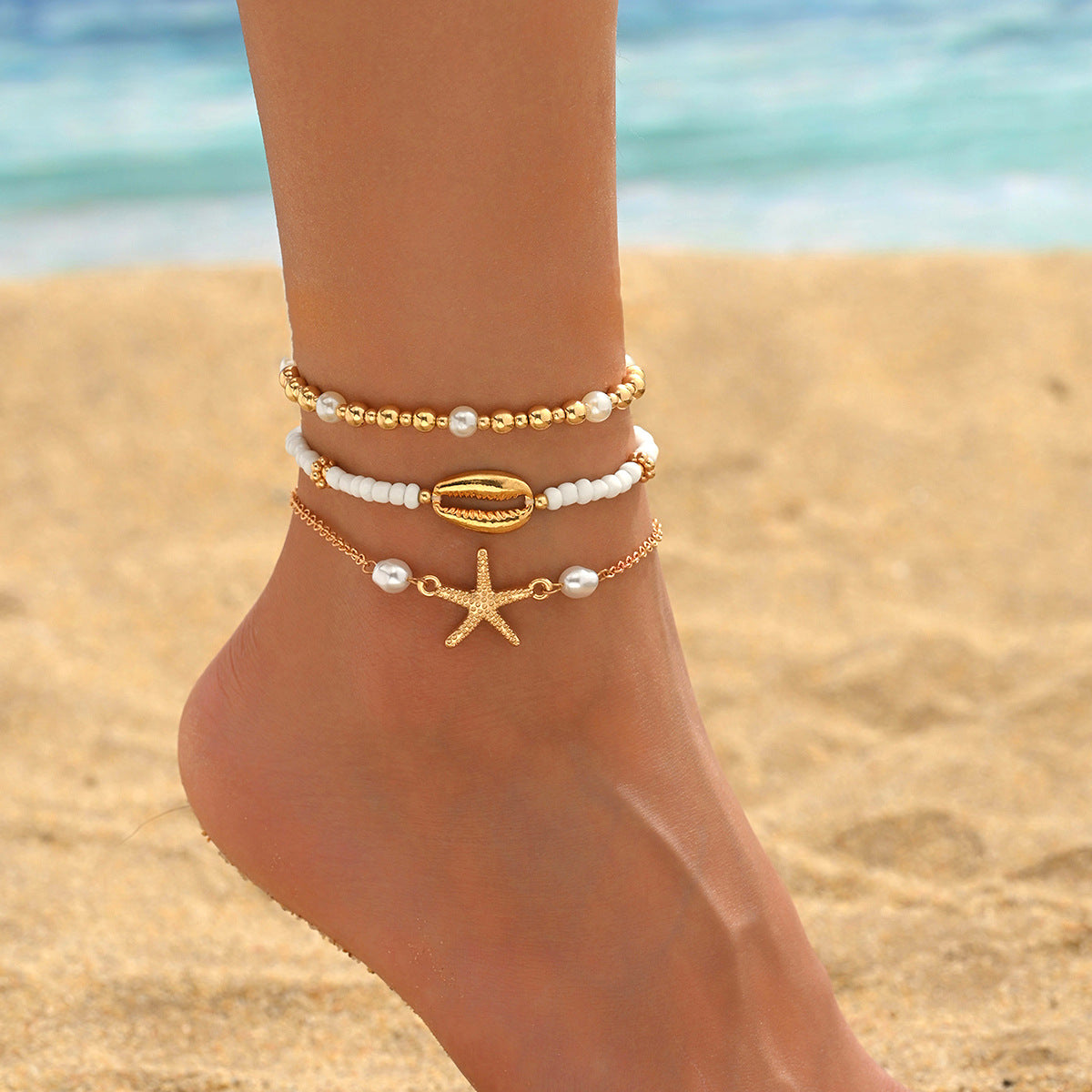 Starfish shell millet beaded anklet three-layer set