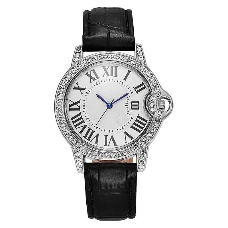 Fashion Diamond-Encrusted Women's Quartz Watch with Leather Strap