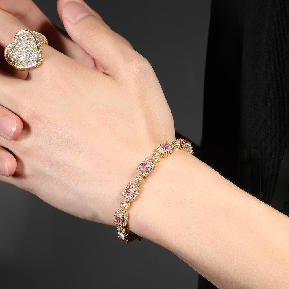 Copper inlaid pink zircon hip-hop bracelet