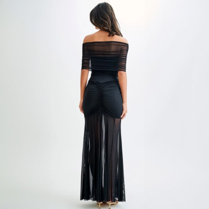 Women Clothing Autumn Tube Top Pleated Mesh Slim Fit Patchwork Dress Two Piece Set