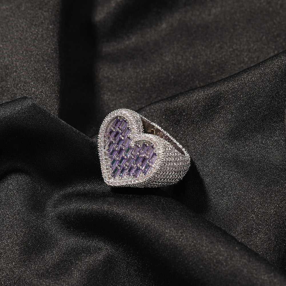 Hip-hop T-square heart-shaped zircon ring